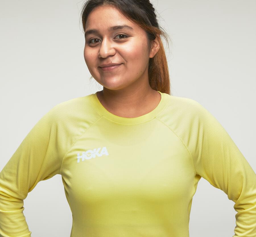 Top Hoka One One Mujer - Performance Largos Sleeve - Amarillo - BCT648573